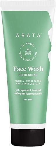 Arata Refreshing Face Wash With Ayurvedic Lemon Oil, Peppermint & Organic Flaxseed | EWG Certified, All Natural, Vegan & Cruelty-Free | Gently Exfoliates & Reduces Oil | For Women & Men - 1.7 Fl Oz