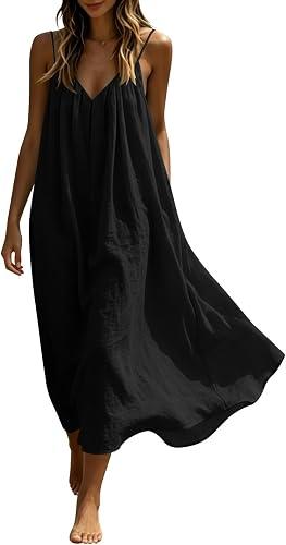 Oplxuo Women's V Neck Spaghetti Strap Maxi Dress Cotton Gauze Flowy Casual Sundress Loose Beach Cover Up Dress for Vacation