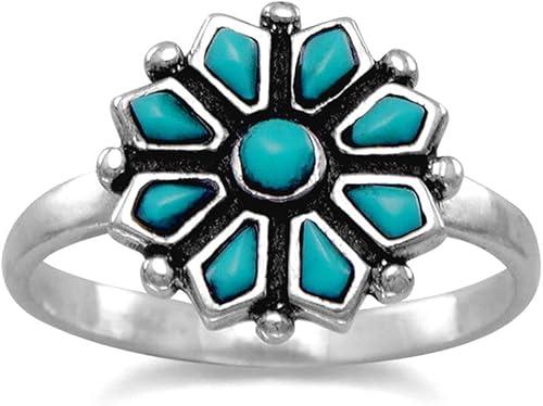 JewelryWeb 925 Sterling Silver 12mm Simulated Turquoise Flower Ring Ring for Women