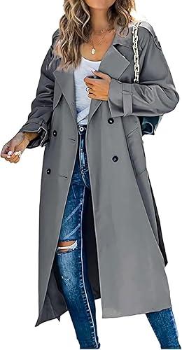 Women's Windproof Trench Coat Notched Lapel Double Breasted Long Overcoat Casual Fall Winter Windbreaker Outerwear