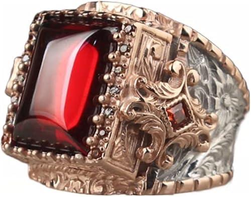 BayVog 925 Sterling Silver Men's Art Deco Garnet Signet Ring, Red Garnet Stone, 15*20 mm, Handmade, Rose Gold Plated, Statement Ring for Men, Gift for Him