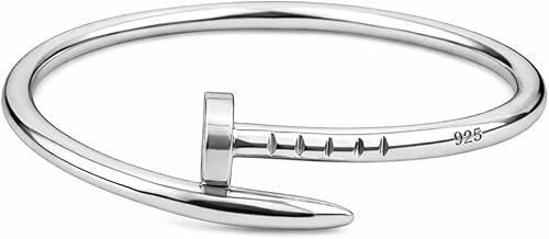 Nail Bangle Bracelet for Women, 925 Sterling Silver Handmade Minimalist Wrap Cuff Bracelet, Vintage Boho Statement Jewelry, Adjustable Open Nail Design Bracelet Gift for Her