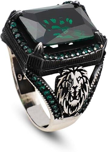 Handmade 925 Sterling Silver Lion Ring for Men - Emerald Gemstone, Animal Motif, Jewelry with Ring and Silver Polishing Cloth Gift