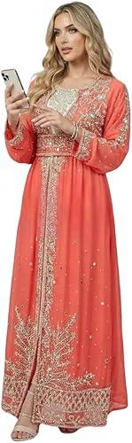 Moroccan Kaftan Farasha, Peach with Gold Embellished Embroidery, Long Sleeve.