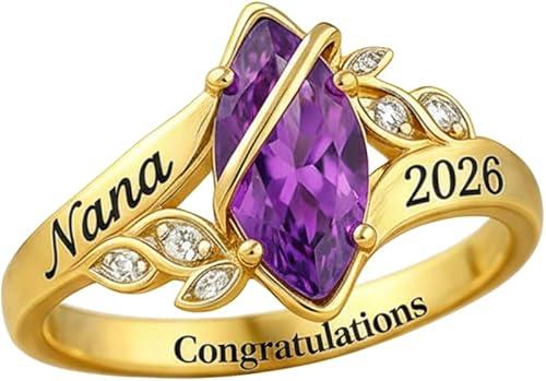 Marquise cut Class Rings For Women Men Birthstone High School Graduation Ring 2027 2026 Solid 10k/14k/18k Gold Custom Birthstone Name University College Ceremonies