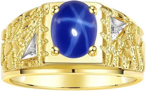 Rylos Men's Rings Designer Nugget Ring: Oval 9X7MM Gemstone & Sparkling Diamonds - Color Stone Birthstone Rings for Men, Yellow Gold Plated Silver Rings in Sizes 8-13. Mens Jewelry