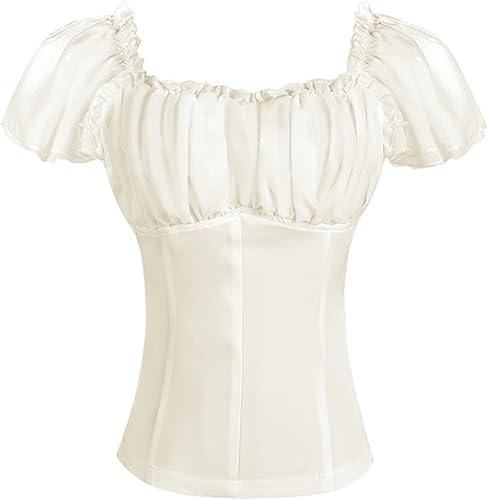 Women Renaissance Blouse Victorian Steampunk Pirate Shirt Square Neck Short Sleeve Ruched Blouse Tops for Halloween