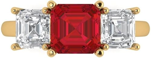 Clara Pucci 14K Solid Gold Engagement Ring for Women | 4 cttw Ruby Square Emerald Cut Three-Stone | Real Yellow Gold Wedding Ring