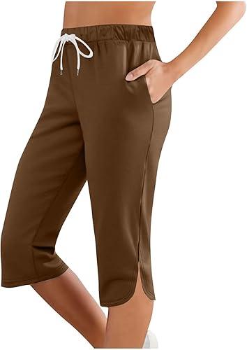 Classic Capris Pant for Women Drawstring High Elastic Summer Trouser Petal Hem Stretch Breathe Jogger with Pocket