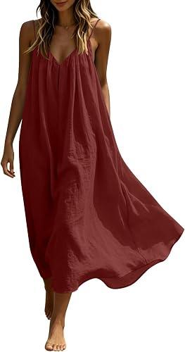 Oplxuo Women's V Neck Spaghetti Strap Maxi Dress Cotton Gauze Flowy Casual Sundress Loose Beach Cover Up Dress for Vacation Red