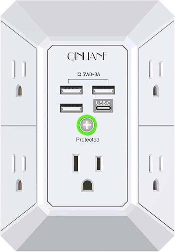 Wall Charger, Surge Protector, QINLIANF 5 Outlet Extender with 4 USB Charging Ports, 3-Sided 1680J Power Strip Multi Plug Adapter Spaced for Home Travel Office — 22% off