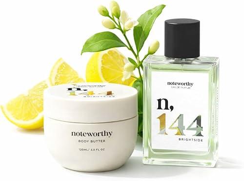 Noteworthy n,144 Brightside Body Butter & 50ml Eau de Parfum Bundle – Bright Citrus & Warm Floral Scent – Hydrating Scented Body Butter + Compact Fragrance Set for Women & Men