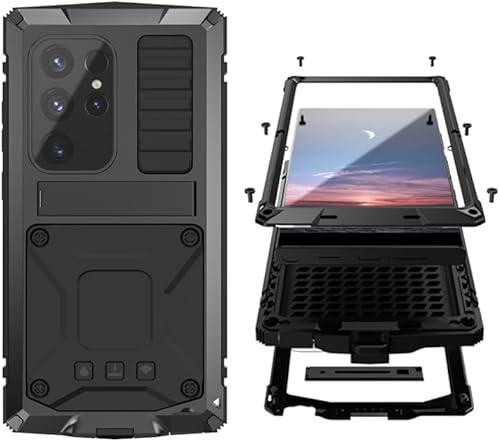 Simicoo Compatible with Samsung Galaxy S25 Ultra Metal Bumper Case with Stand Screen Protector Camera Cover Hybrid Durable Metallic Military Dust Proof Heavy Duty Full Body Man (Black)