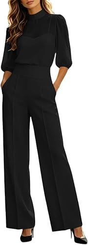 Black Sheer Camisole Top and Wide-Leg Pants 3 Piece Set, Spring Summer Sheer Puff Sleeve Mock Neck 3 Piece Set