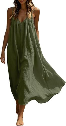 Oplxuo Women's V Neck Spaghetti Strap Maxi Dress Cotton Gauze Flowy Casual Sundress Loose Beach Cover Up Dress for Vacation Green