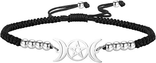 TEAMER Triple Moon Goddess Bracelet Stainless Steel Beads Charm Wax Rope Bracelet Amulet Wicca Pentagram Bracelet Pagan Jewelry for Women