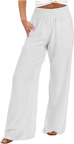 Wide Leg Linen Pants for Women Flowy Palazzo Elastic Waist Trousers with Pockets 2026 Summer Clothes