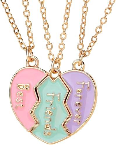BFF Necklace for 3, Heart Broken Stitching Magnetic Best Friend Pendant for Women Friendship Jewelry Gift