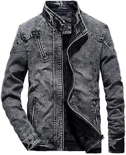 Men's Vintage Stand Collar Denim Jacket Casual Lightweight Distressed Motorcycle Coat Slim Zipper Warm Jean Jacket