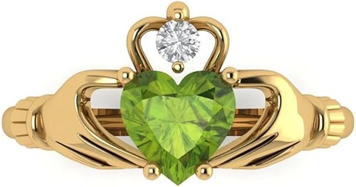 Clara Pucci 14K Solid Gold Engagement Ring for Women | 1.06 cttw Peridot Heart Cut Claddagh | Real Yellow Gold Wedding Ring