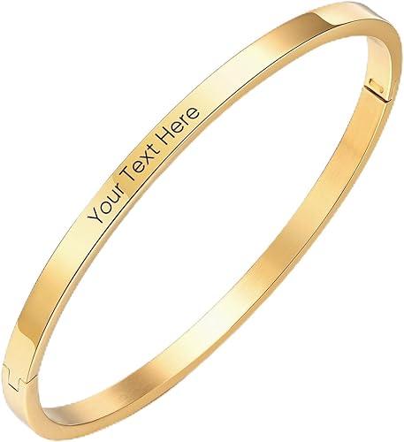 Personalized Gold Bracelets for Women - 14K Gold Plated Bracelet, Name ID Engraved Friendship Bangle Bracelet,Gold Classic Bangles Trendy Jewelry,Anniversary Valentines Day Gifts for Her Girlfriend