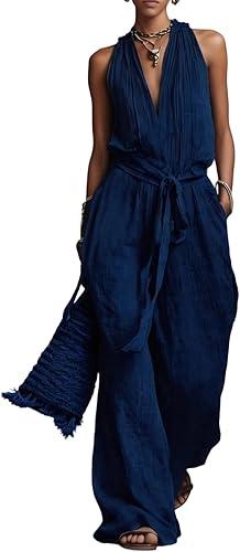 Womens cotton Linen Sexy Jumpsuit Summer Sleeveless V Neck Loose Fit Top Wide Leg Pants Casual Jumpsuit
