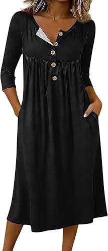 KIKX0DE Women's Casual V-Neck Button Down Dress with Pockets A-Line Flowy Summer Dress for Work Maternity
