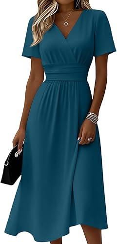 Short Sleeve Midi Dresses for Women Spring Summer Plus Size V Neck Flowy A Line Dress Elegant Formal Ruched Dress