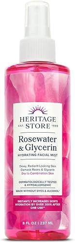 HERITAGE STORE Rosewater & Glycerin Hydrating Facial Mist - Dry Combination Skin Care - Rose Water Spray w/Vegetable Glycerine, Made Without Dyes or Alcohol, Hypoallergenic, 8 Fl Oz