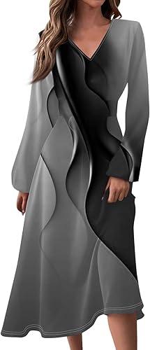 Womens Long Sleeve Midi Dress Trendy Casual V Neck Spring Summer Elegant Formal Ruched Flowy A Line Floral Dresses