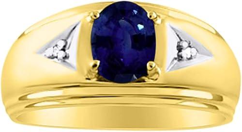 Rylos Men's Rings Classic Design 8X6MM Oval Gemstone & Sparkling Diamond Ring - Color Stone Birthstone Rings for Men, Yellow Gold Plated Silver Rings in Sizes 8-13.