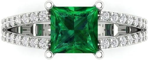 Clara Pucci 14K Solid Gold Engagement Ring for Women | 2.48 cttw Emerald Princess Cut Solitaire with Accents | Real White Gold Wedding Ring