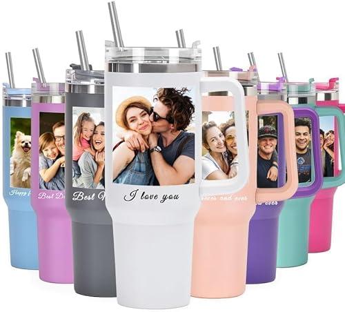 Personalized 40 Oz Stainless Steel Tumbler with Handle and Straw, Custom Cup with Name, Date & Photo, Travel Coffee Bubble Tea Tumbler, Christmas Birthday Gifts for Women, Teens Girls