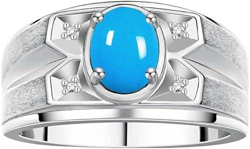 Rylos Men's Rings Classic Designer Style 8X6MM Oval Gemstone & Diamond Ring - Color Stone Birthstone Rings for Men, Sterling Silver Ring in Sizes 8-13.