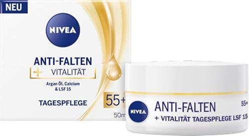 NIVEA Anti-Wrinkle + Revitalizing 55+ Day Cream for Mature Skin – 50 ml – Deeply Nourishing Moisturizer with Argan Oil & Calcium for Firmer, Smoother, Vital-Looking Skin