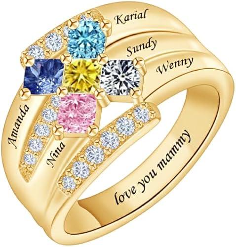 Personalized 2-9 Birthstones Mom Promise Ring for Women Custom Birthstones Mother Rings Solid 10K/14K/18K White Yellow Rose Gold Engraved Names Engagement Mother Day Rings for Her Wife Mom