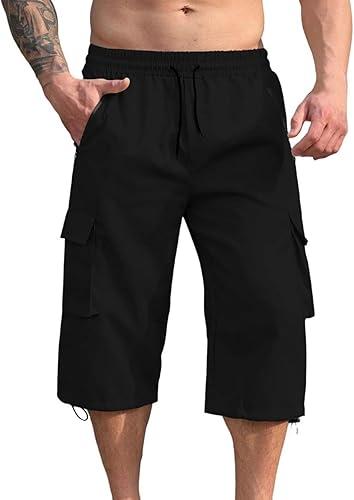Men's Knee Length Cargo Shorts Elastic Waist Casual Shorts with Adjustable Drawstring Hem & Side Pockets