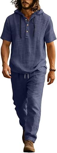 Mens 2 Piece Linen Set Summer Beach Short Sleeve Button Down Hooded Shirt Long Pant Vacation Casual Outfit