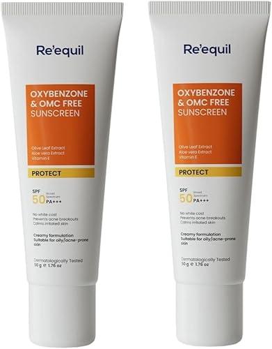 Requil's Oxybenzone, OMC Free Sunscreen for Oily, Sensitive, Acne Prone Skin, SPF 50 PA+++, No White Cast, 50g, Pack of 2