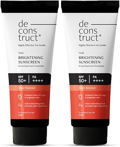 Deconstruct Dry Brightening Fluid Sunscreen SPF 50+ with Niacinamide | Lightweight, Hydrating & Dewy | UVA/UVB Protection | 8-Hour Wear, Water-Resistant, No White Cast | 50g | Pack of 2