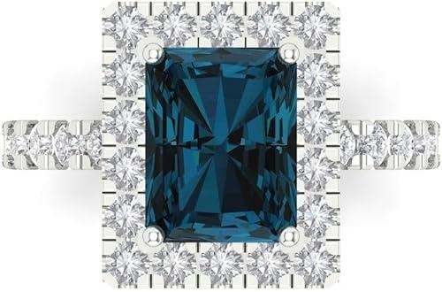 Clara Pucci 14K Solid Gold Engagement Ring for Women | 3.84 cttw London Blue Topaz Emerald Cut Halo | Real White Gold Wedding Ring
