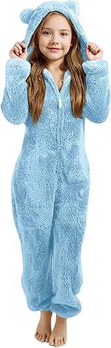 Girls Fleece Jumpsuits Kids Hooded Rompers Costume Fuzzy Cute Onesie Winter Clothes Warm Playsuit Jumper