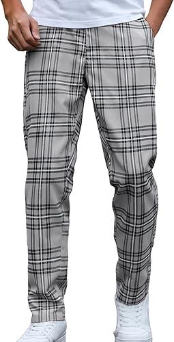 Men's Plaid Dress Pants Regular Fit Formal Pants Business Checked Trousers Color Block Lounge Pant with Pockets