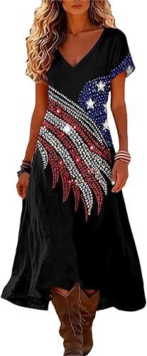 Women 4Th of July Summer Hawaii Vintage Floral Casual High Waist Ruffle Independence Day Celebrate 250Th Dresses,