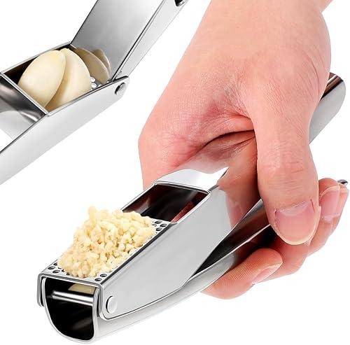 Garlic Press Stainless Steel Garlic Crusher Garlic Mincer Tool Easy Cleaning for Smash Garlic Small Food Dishwasher Safe(Silver)