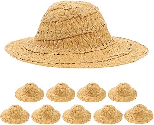 VOSAREA 10pcs Miniature Straw Hats: Tiny Craft Hats Mini Dollhouse Accessories Handmade Paper Caps for DIY Projects Photography Props 2. 75 Inch