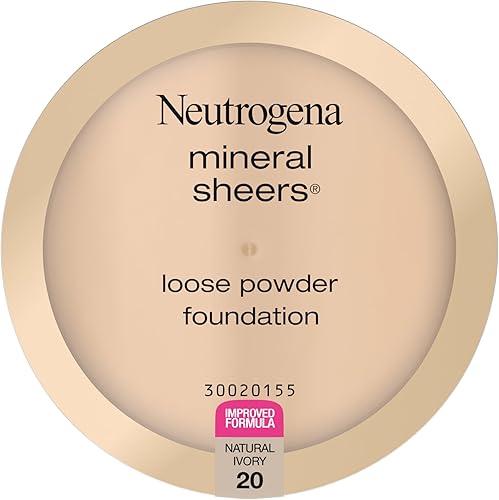 Neutrogena Mineral Sheers Loose Powder Makeup Foundation, Lightweight Face Makeup, Sheer to Medium Buildable Coverage, Sensitive Skin Foundation with Vitamins A, C, & E, Natural Ivory 20, .19 oz