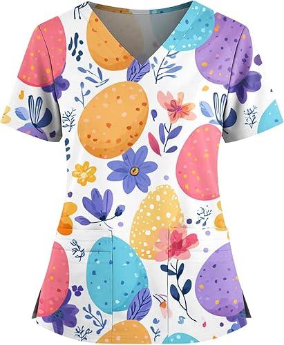 HXHYQKP Easter Scrub Tops Women Work Easter Plus Size Scrub Female Short Sleeve Funny Pocket Stretchy Boxy Fit Scrub