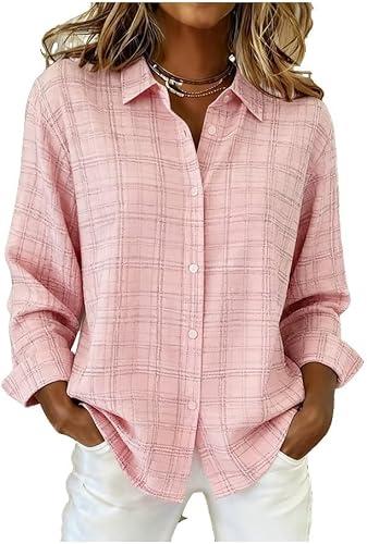 Women's Flannel Shirts Button Down Shirts Long Sleeve Plaid Shirt Blouses Lightweight Business Dressy Casual Top