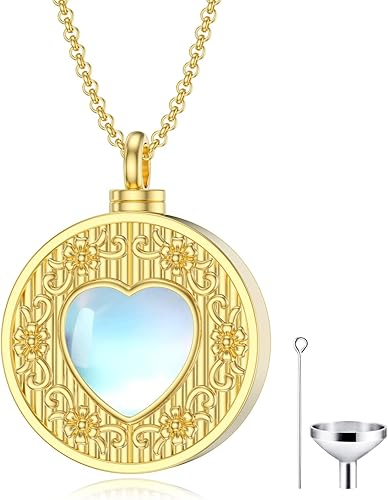 SOULMEET Gold Cremation Jewelry for Ashes, Round Shape Moonstone Locket Necklace for Ashes to Keep Beloved Ones Human Dog Cat Always with You Keepsake Jewelry Gift